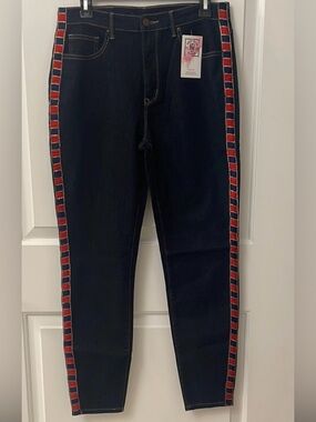 KNEE DEEP DENIM Stylish Dark Blue Jeans with Red and Blue Side Stripes,straight